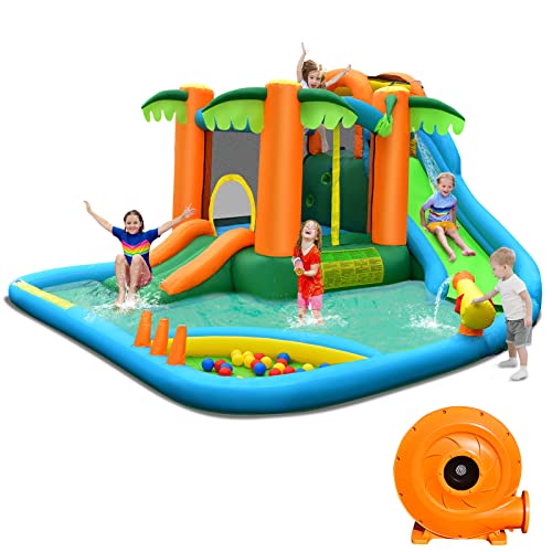 Costzon Inflatable Water Slide, 7 in 1 Kids Giant Water Park Bounce House for Outdoor Fun with Splash Pool, 780w Blower, Climbing Wall, Water Slides Inflatables for Kids and Adults Gifts Presents